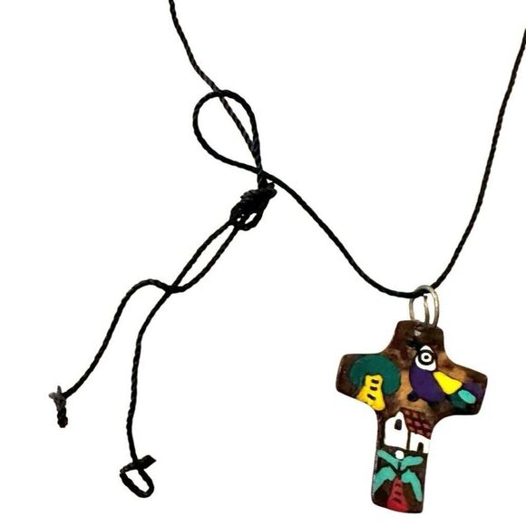 Coconut shell hand painted cross pendant necklace on cord - Picture 3 of 6